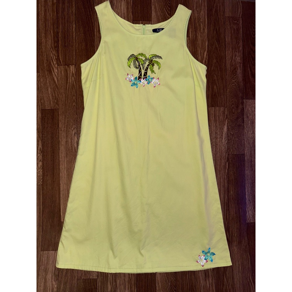 C.B. Casual Green Cotton Sleeveless Dress Palm‎ Tree Floral Embroidered M
